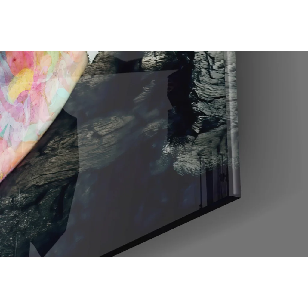 Psychedelic hands wall art canvas print with cliffside rocks and water