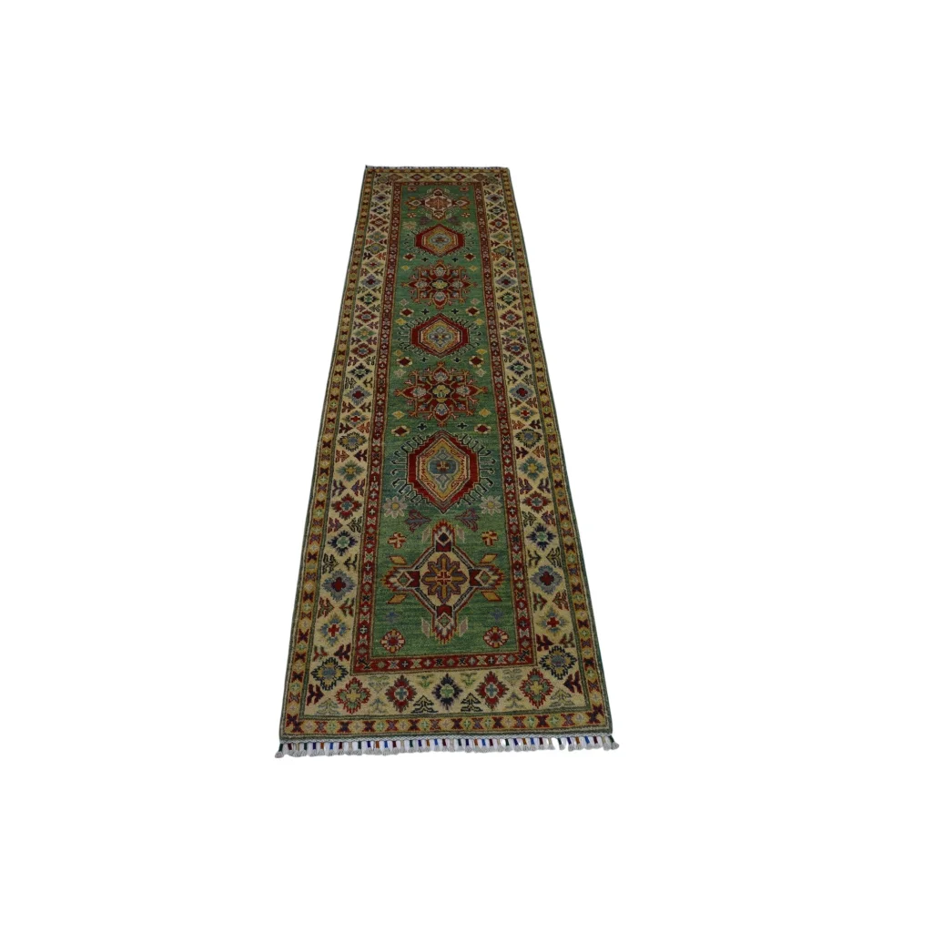 Handwoven Afghan Kazak runner rug with cotton foundation, green base, intricate geometric floral patterns in red beige brown