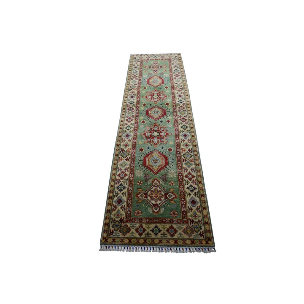 Handwoven Afghan Kazak runner rug with cotton foundation, green with red geometric patterns