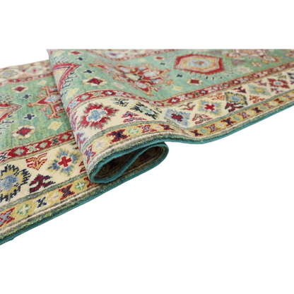 Handwoven Afghan Kazak runner rug in green, cream with cotton foundation