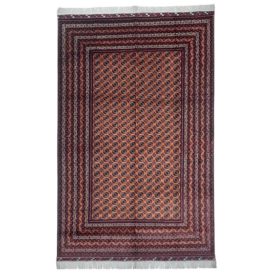 Handwoven Afghan Mawri rug with cotton foundation, burgundy geometric pattern
