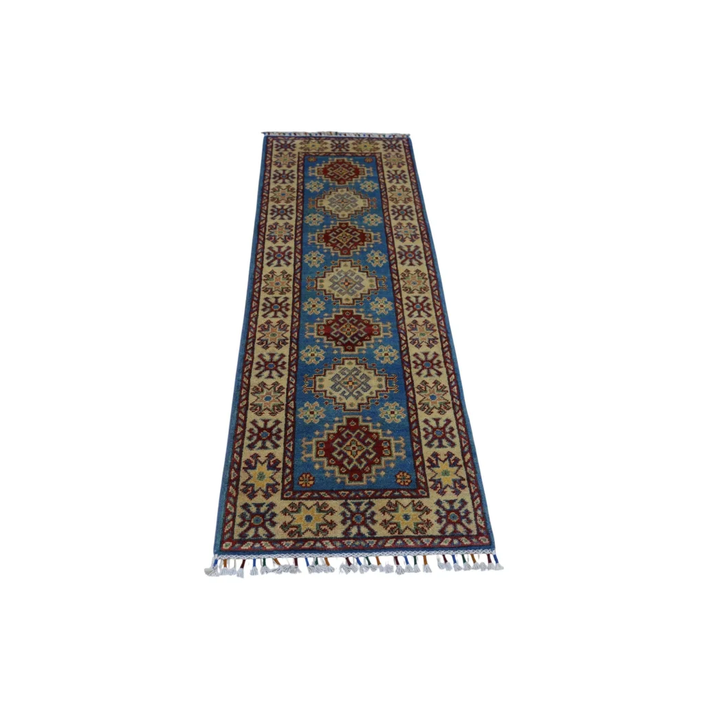 Hand-knotted Afghan blue Kazak runner with cotton foundation and geometric patterns