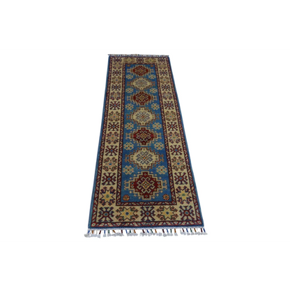 Hand-knotted Afghan blue Kazak runner with cotton foundation and geometric patterns