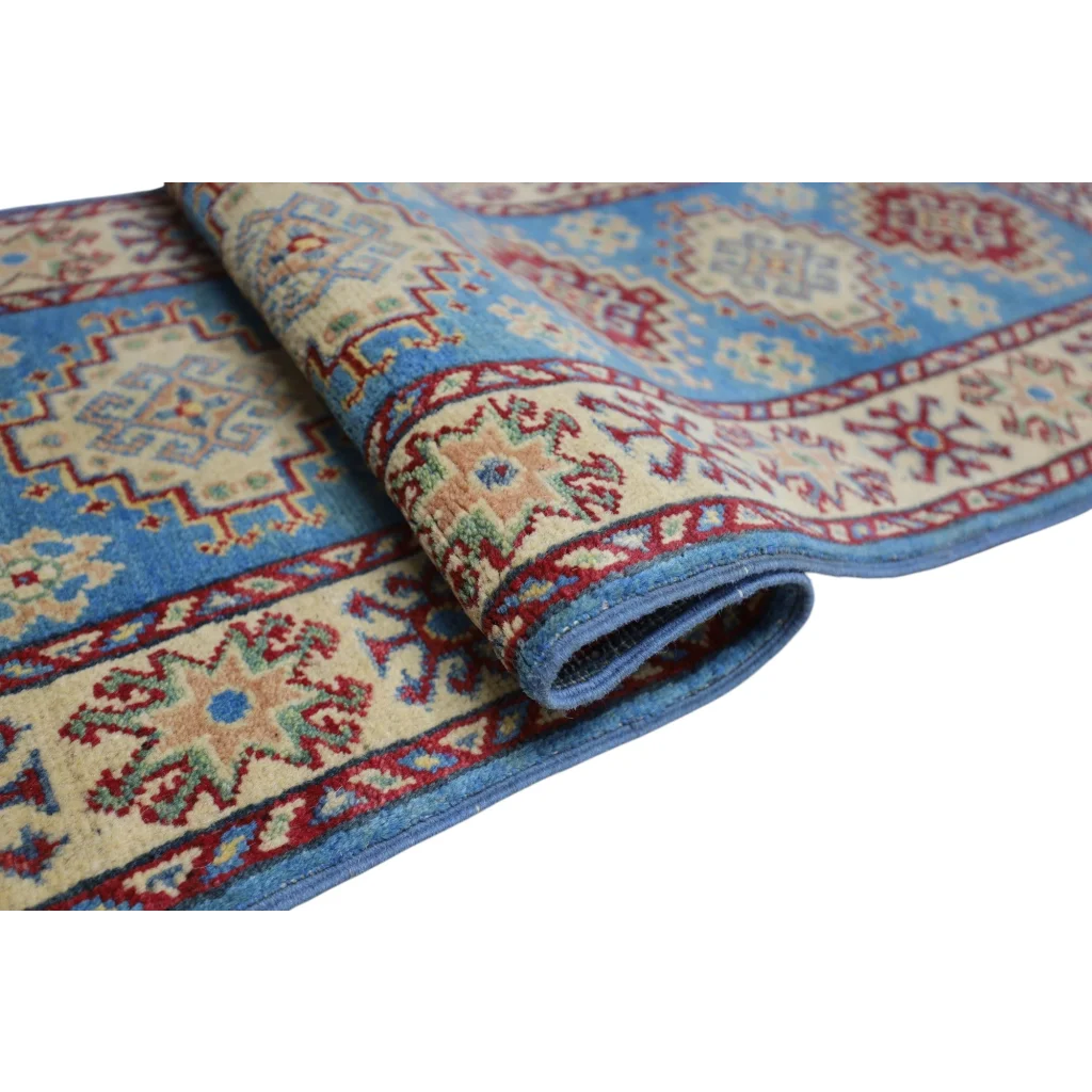 Hand-knotted Afghan blue Kazak runner with cotton foundation and geometric floral patterns