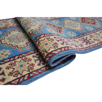 Hand-knotted Afghan blue Kazak runner with cotton foundation and geometric floral patterns
