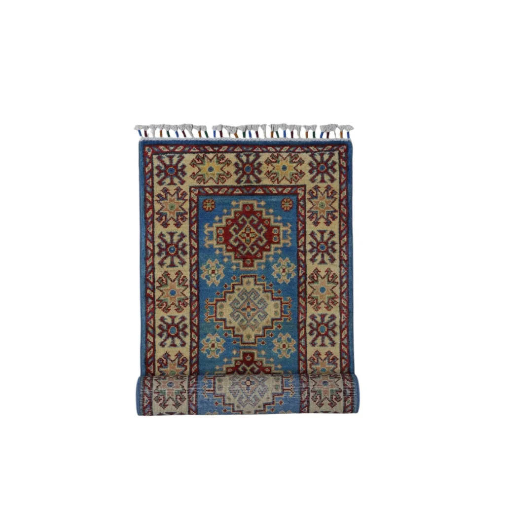 Hand-knotted Afghan blue Kazak runner with cotton foundation and red geometric patterns
