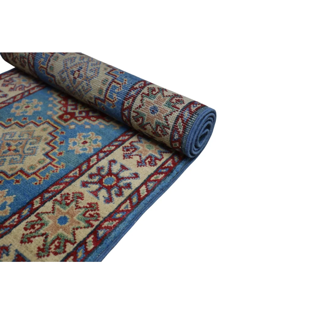 Hand-knotted Afghan blue Kazak runner with cotton foundation and intricate patterns