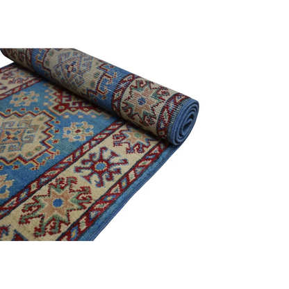 Hand-knotted Afghan blue Kazak runner with cotton foundation and intricate patterns