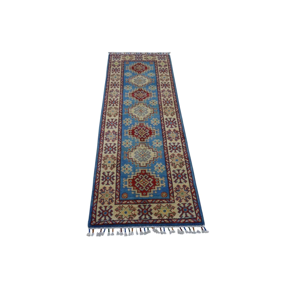 Hand-knotted Afghan blue Kazak runner with vibrant blue field on cotton foundation