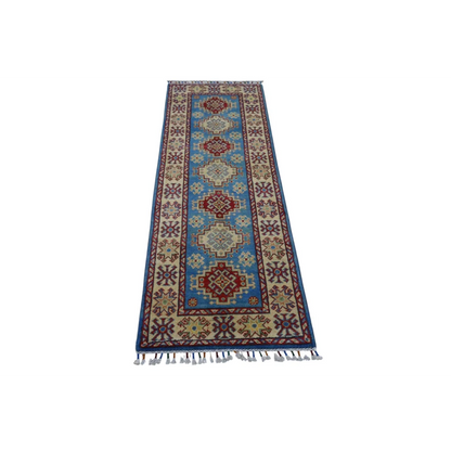 Hand-knotted Afghan blue Kazak runner with vibrant blue field on cotton foundation