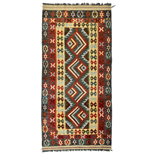 Handwoven Chobi Kilim Runner Rug from Afghanistan with red geometric design