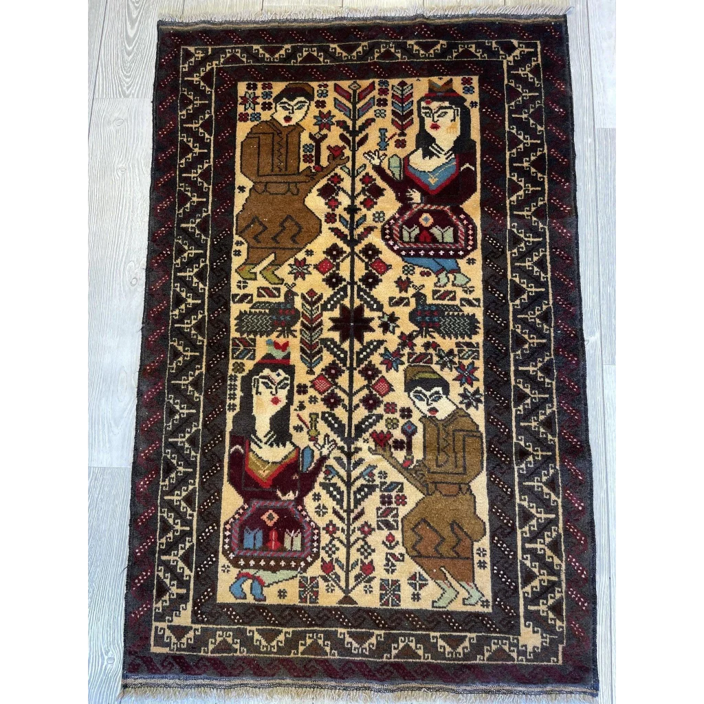 Beige and burgundy hand-knotted rug with stylized geometric figures in earth tones
