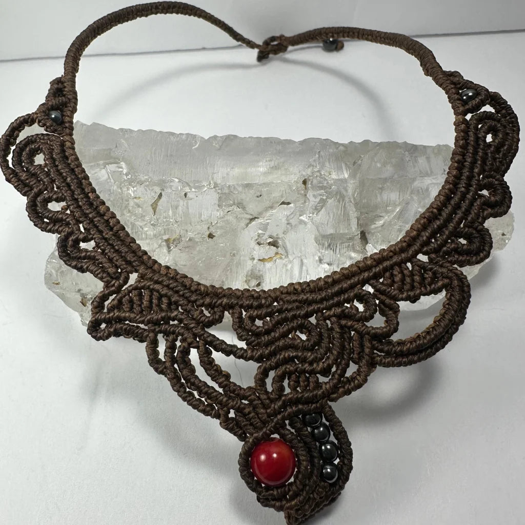 Handwoven macrame choker with red coral and hematite beads from Argentina