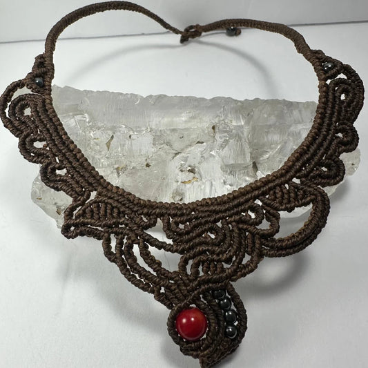 Handwoven macrame choker with red coral and hematite beads from Argentina