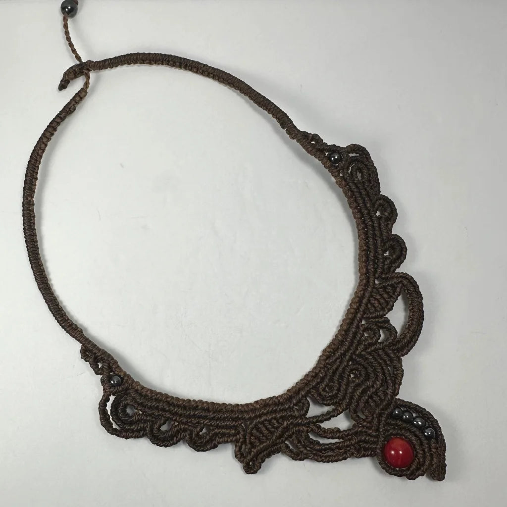 Handwoven macrame choker with coral and hematite from Argentina