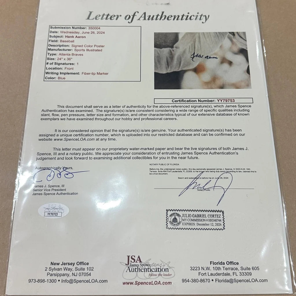 Hank Aaron autographed Atlanta Braves 1968 SI poster with JSA letter