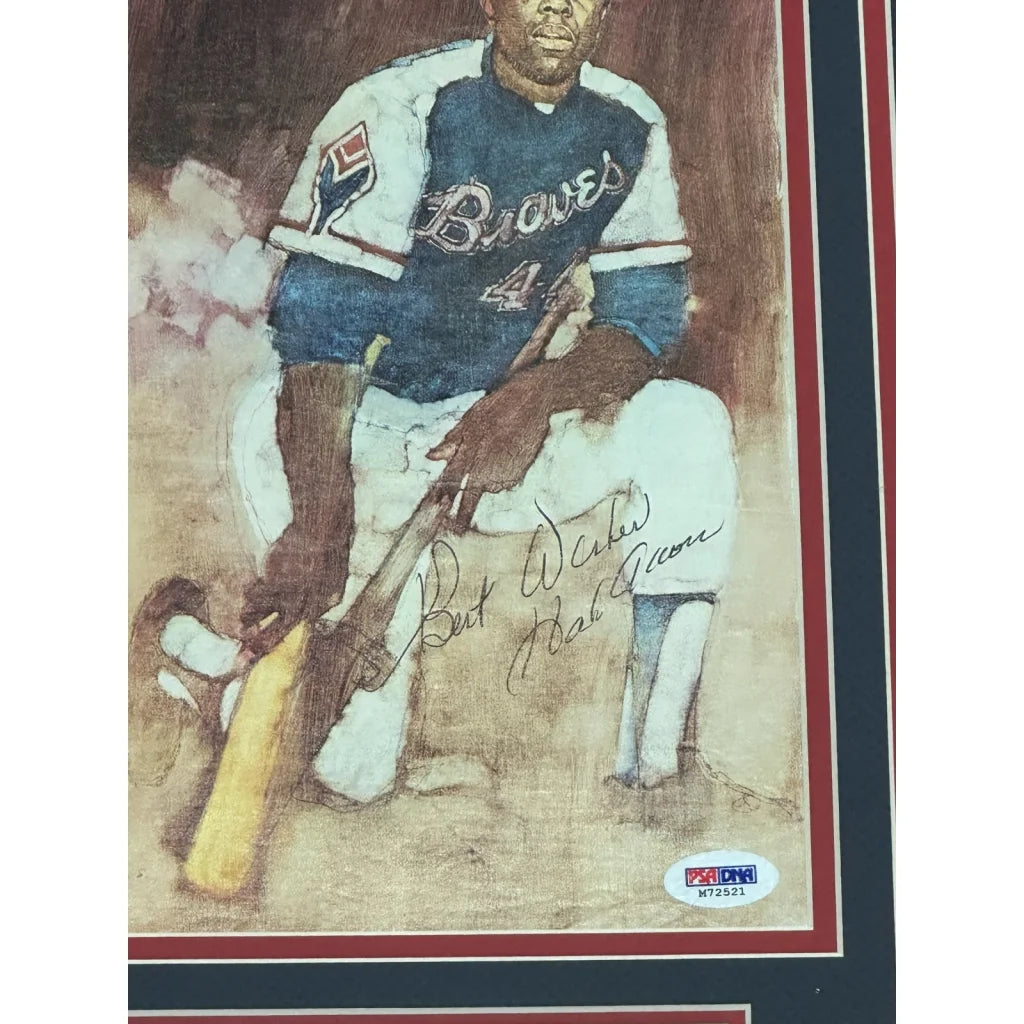 Hank Aaron deluxe framed 8x10 autographed baseball photo with bat and Braves uniform