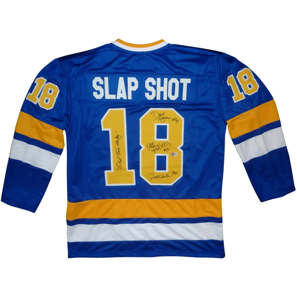 Hanson Brothers autographed Slap Shot blue hockey jersey #18
