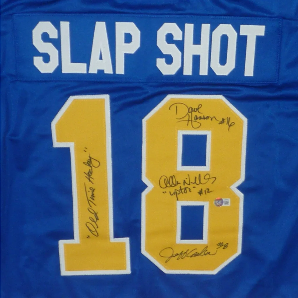 Hanson Brothers autographed blue slap shot hockey jersey #18