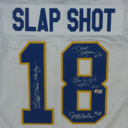 Autographed Slap Shot Chiefs hockey jersey number 18 on white background