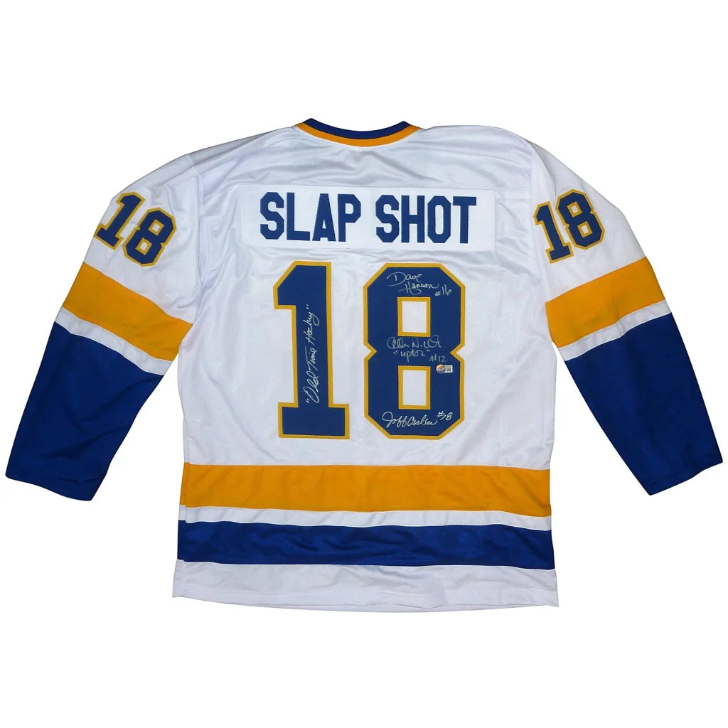 Autographed Slap Shot Hanson Brothers white hockey jersey #18