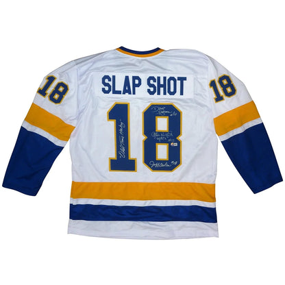 Autographed Slap Shot Hanson Brothers white hockey jersey #18