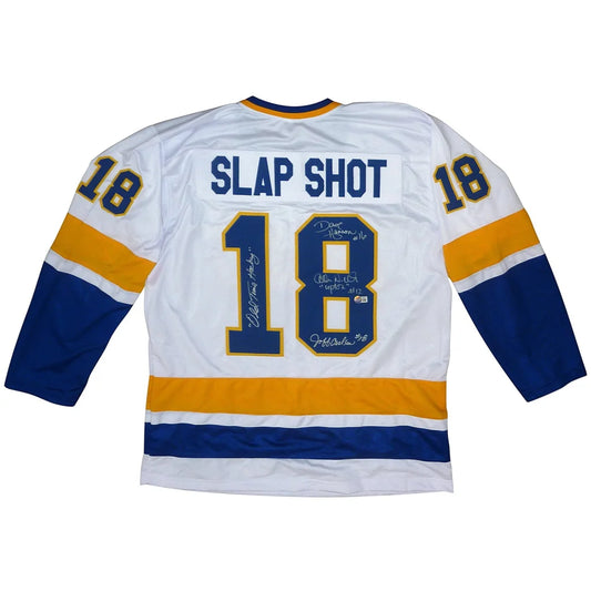 Autographed Slap Shot Hanson Brothers white hockey jersey #18
