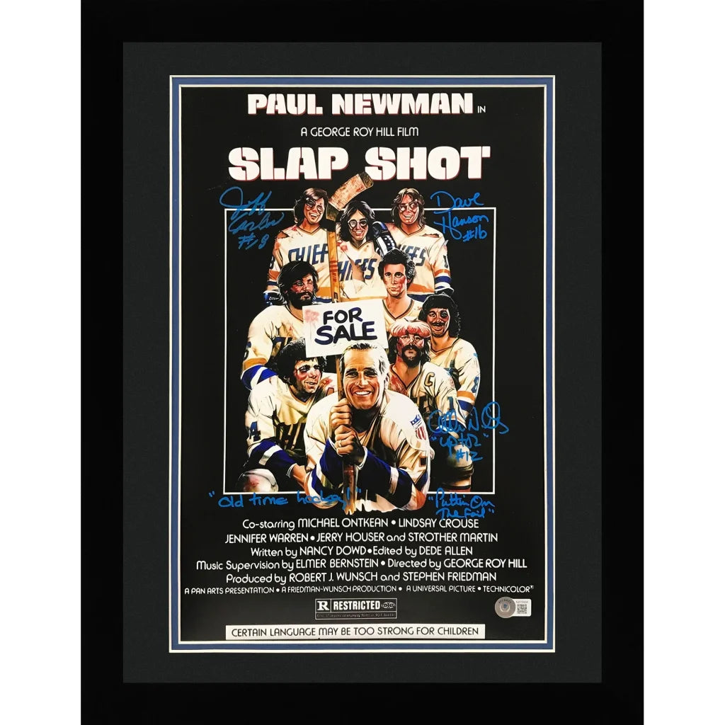 Hanson brothers autographed Slap Shot movie poster, black-framed with inscriptions