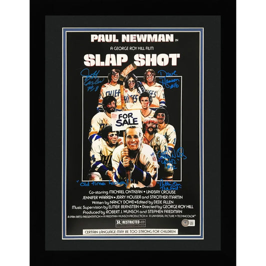 Hanson brothers autographed Slap Shot movie poster, black-framed with inscriptions