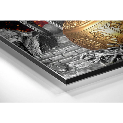 Golden ornate bowl on brushed aluminium dibond art against brick wall