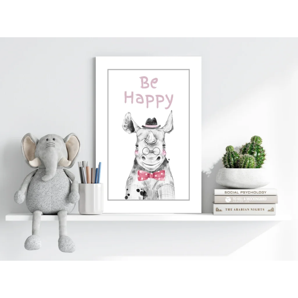 Charming black-and-white rhino in pink bow tie on Insigne aluminum print