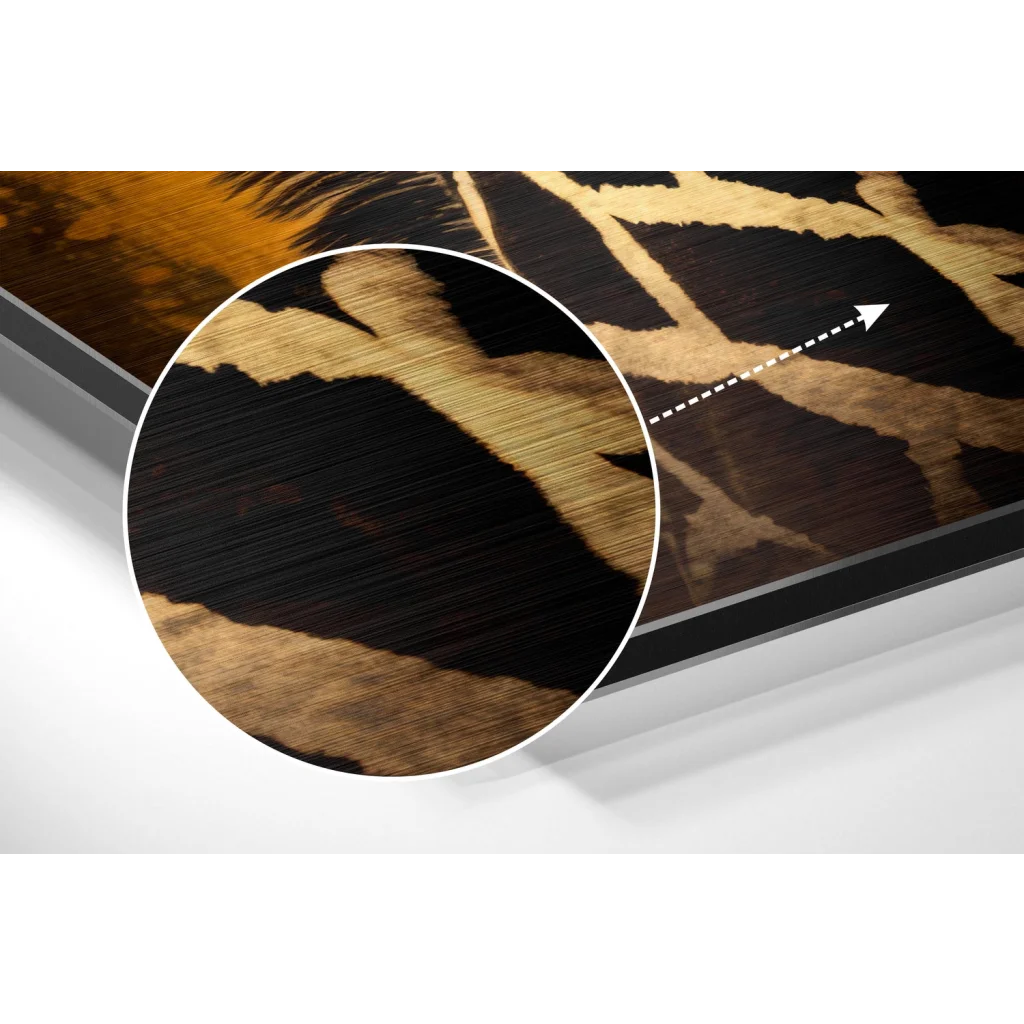 Black and gold tiger art on brushed aluminium dibond with wood-grain texture
