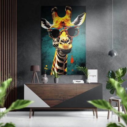 Stylized giraffe in sunglasses on brushed aluminium dibond print