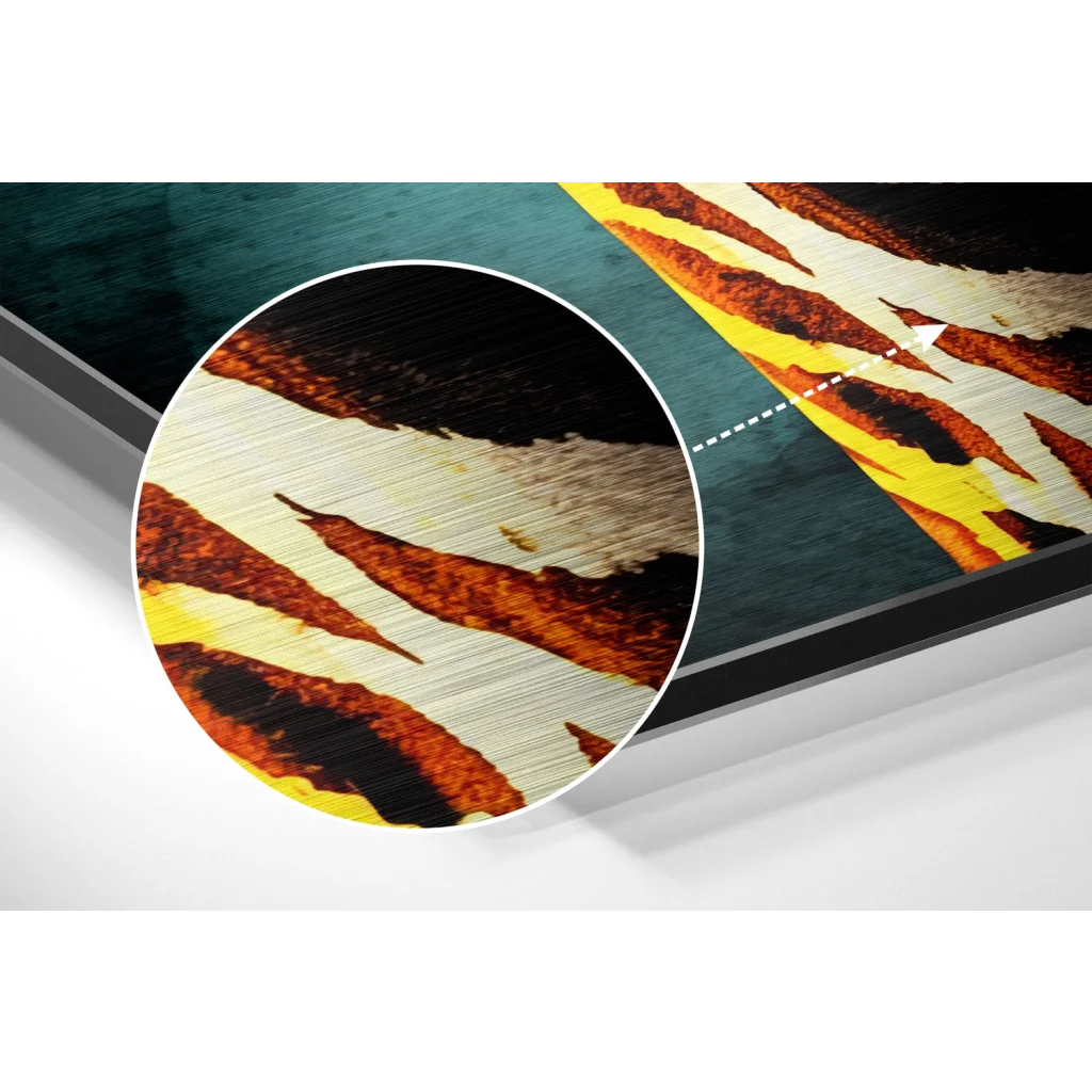 Vibrant tiger stripe art on brushed aluminium dibond