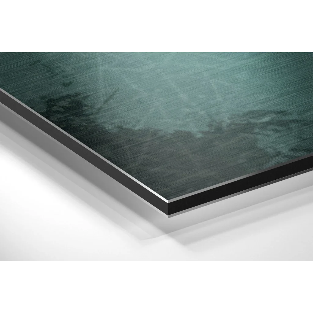 Stunning brushed aluminium dibond art print with teal green abstract design