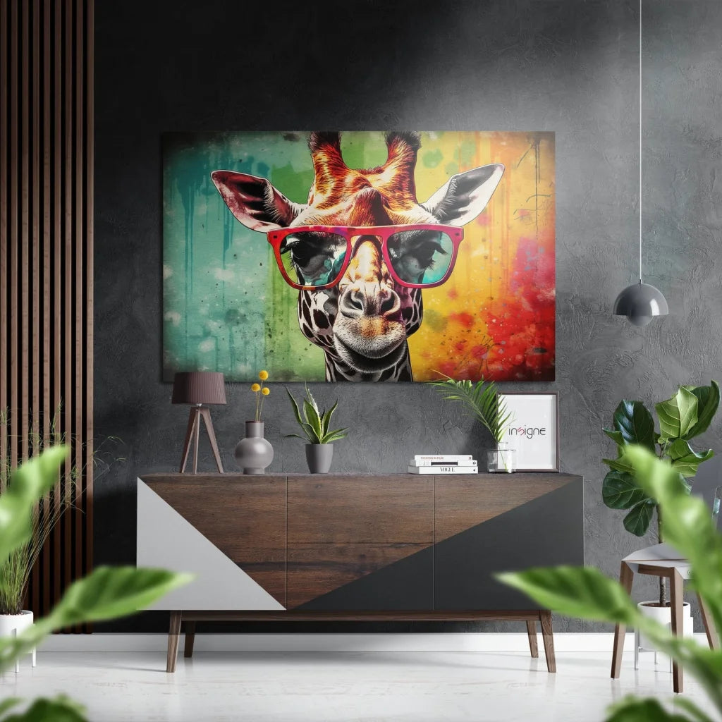 Giraffe in red sunglasses on brushed aluminium dibond art
