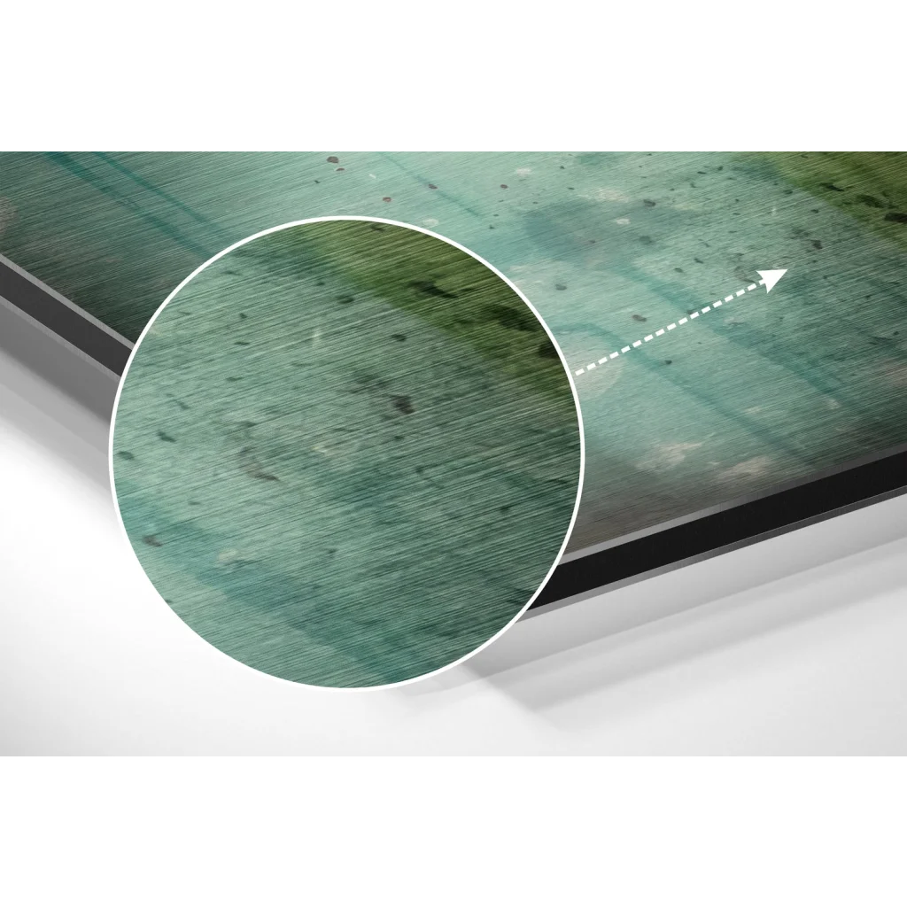 Stunning brushed aluminium dibond teal abstract wall art with textured canvas and speckles
