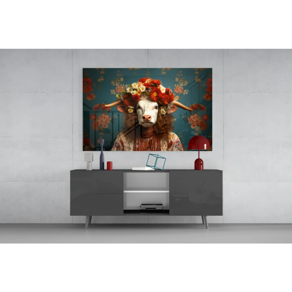 Vibrant floral crown cow wall art canvas print on teal background