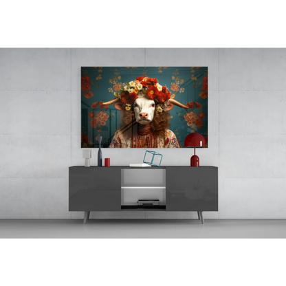 Vibrant floral crown cow wall art canvas print on teal background