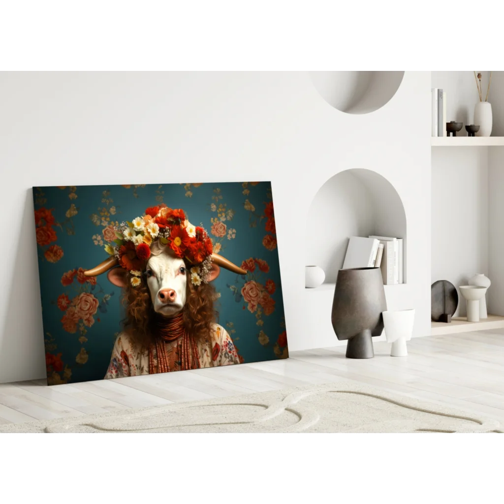 Floral crown cow canvas wall art on teal background