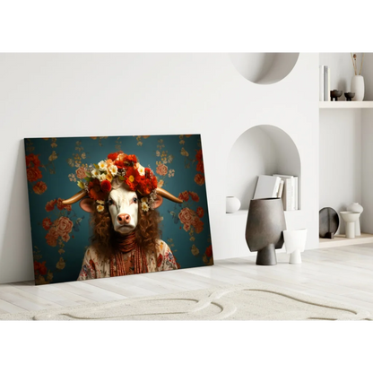 Floral crown cow canvas wall art on teal background