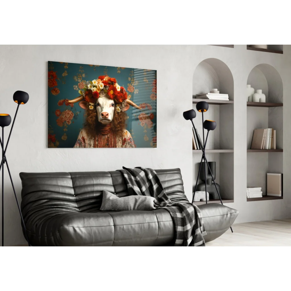 Vibrant floral crown cow canvas wall art on teal background