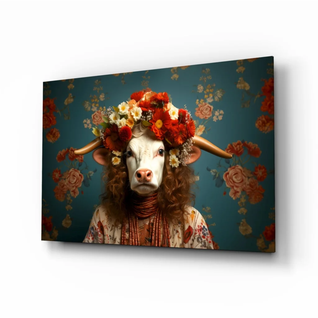 White cow with floral crown on teal background canvas wall art