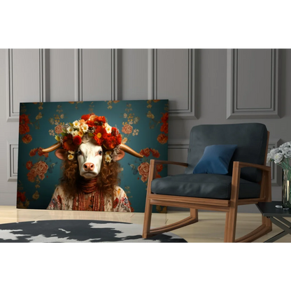 Vibrant floral crown cow wall art canvas print on teal background