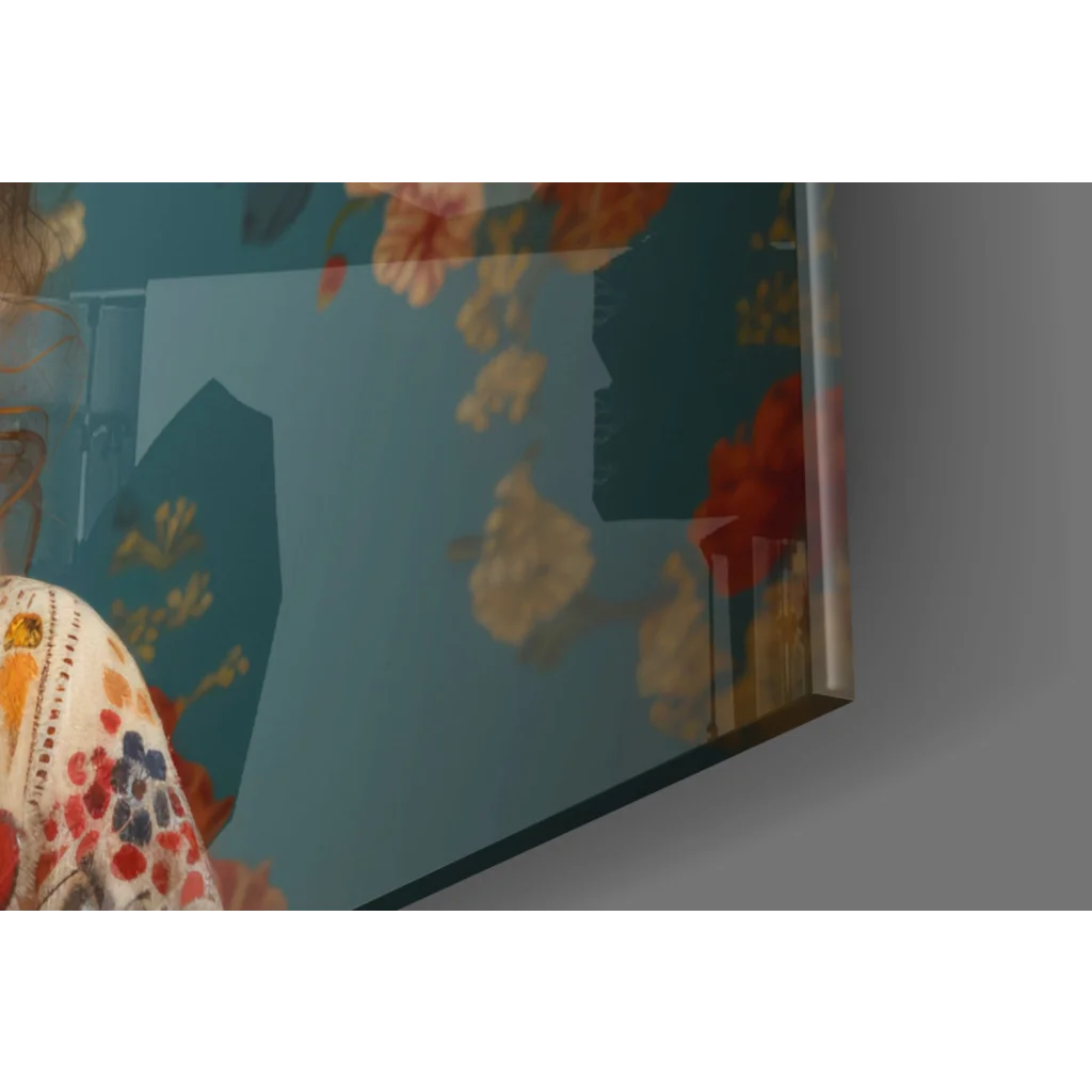 Floral Crown Cow glass wall art with bold red gold blossoms on teal background