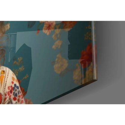 Floral Crown Cow glass wall art with bold red gold blossoms on teal background