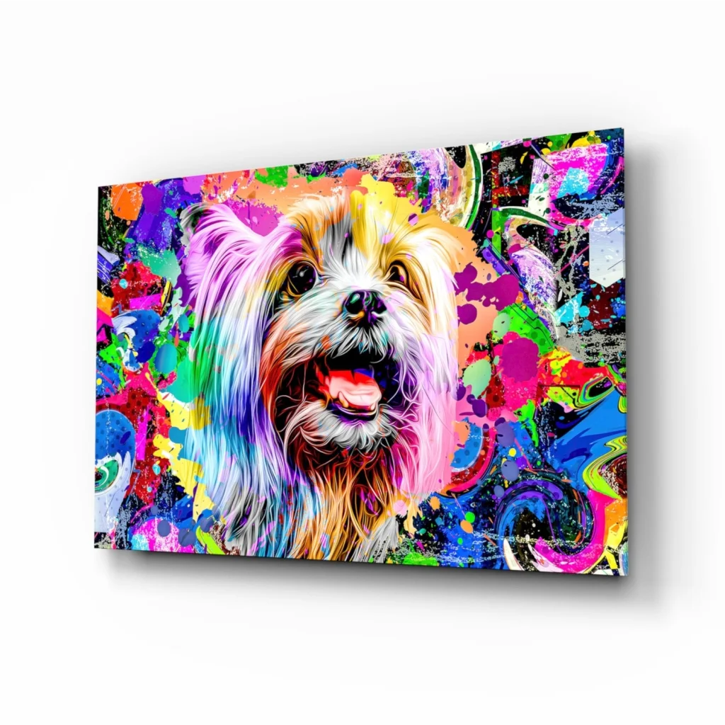 Psychedelic Yorkie pop art on vibrant glass wall art