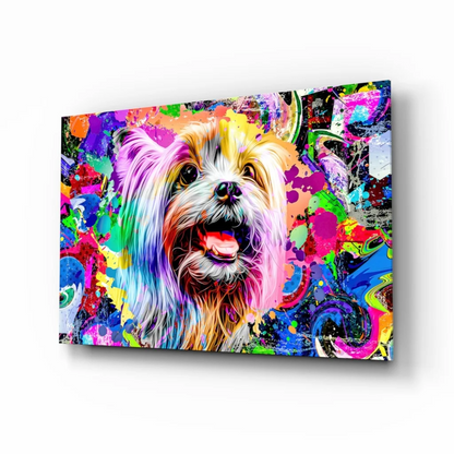 Psychedelic Yorkie pop art on vibrant glass wall art