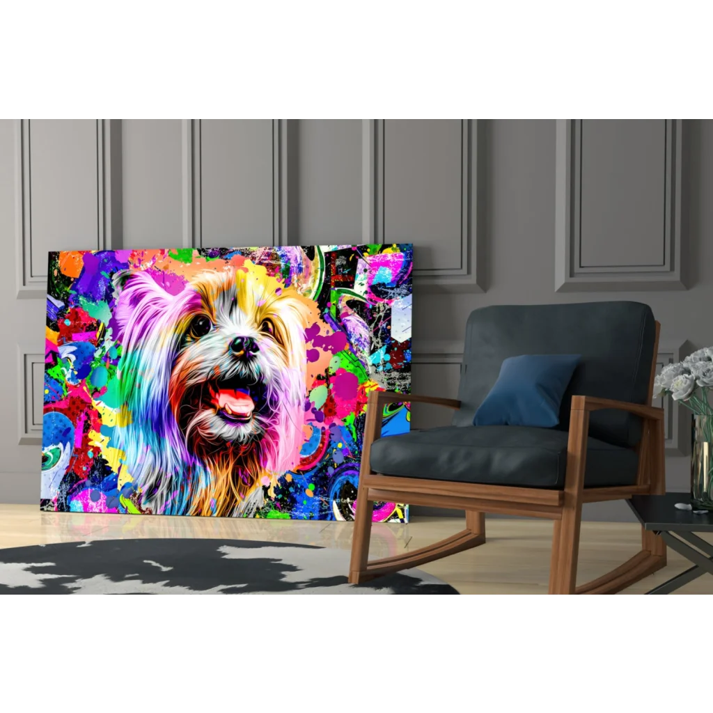Psychedelic Yorkie pop art on vibrant glass wall art with rainbow fur dog