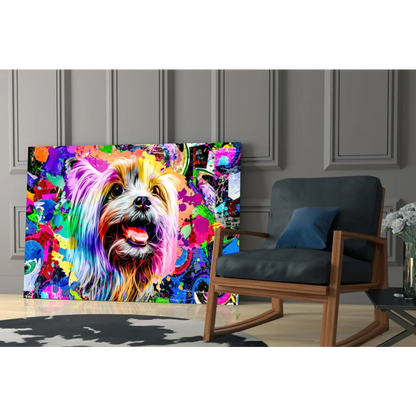 Psychedelic Yorkie pop art on vibrant glass wall art with rainbow fur dog